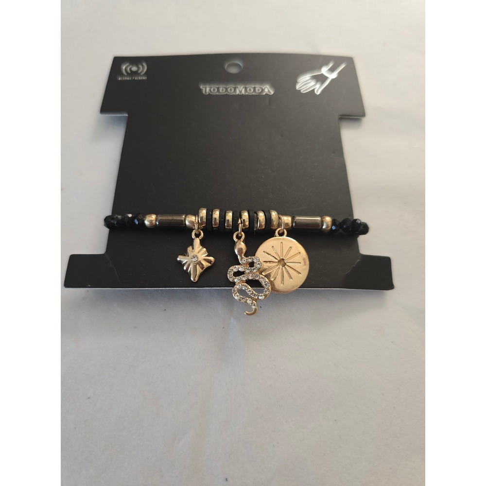 Gold Tone Snake Sun Star Charm‎ Beaded Stretch Bracelet Black New